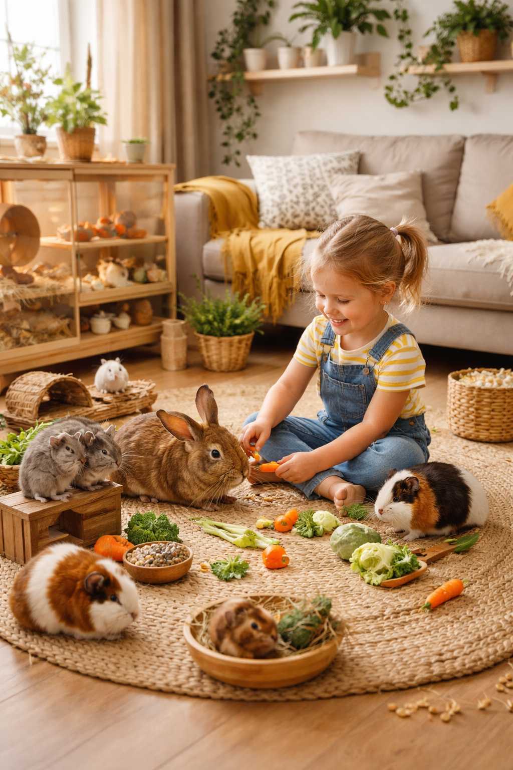 Kind sitzt im Wohnzimmer auf dem Teppich und füttert Kaninchen, Meerschweinchen und andere Kleintiere mit frischem Gemüse