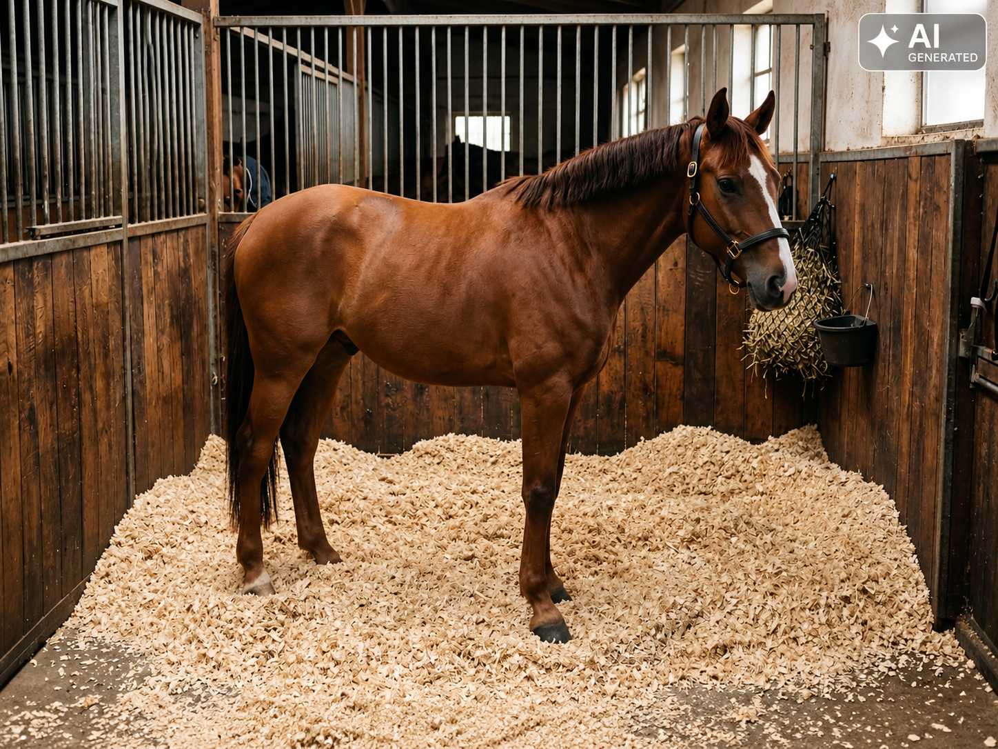 Braunes Pferd mit schwarzer Mähne steht in einer Pferdebox mit heller Holzspäne-Einstreu. An der Holzwand hängt eine schwarze Heuraufe mit Heu.