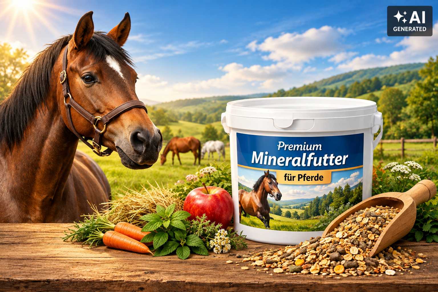 Braunes Pferd neben einem weißen Eimer mit der Aufschrift „Premium Mineralfutter für Pferde“. Auf einem Holztisch liegen eine Futterschaufel mit Mineralfutter, Karotten, ein Apfel und Kräuter.