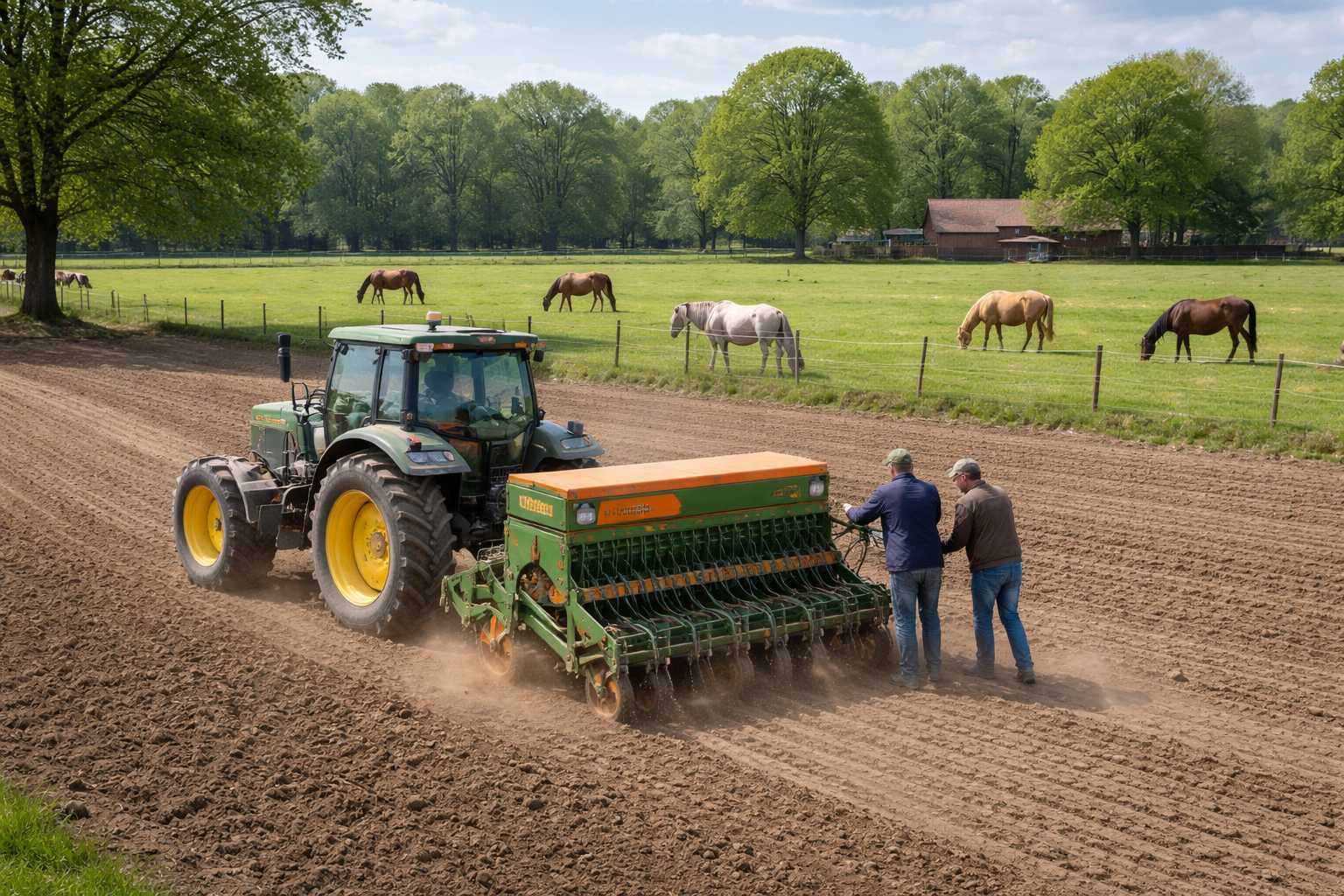 Traktor mit Sämaschine bei der Aussaat eines Feldes, im Hintergrund grasen mehrere Pferde auf der Weide.