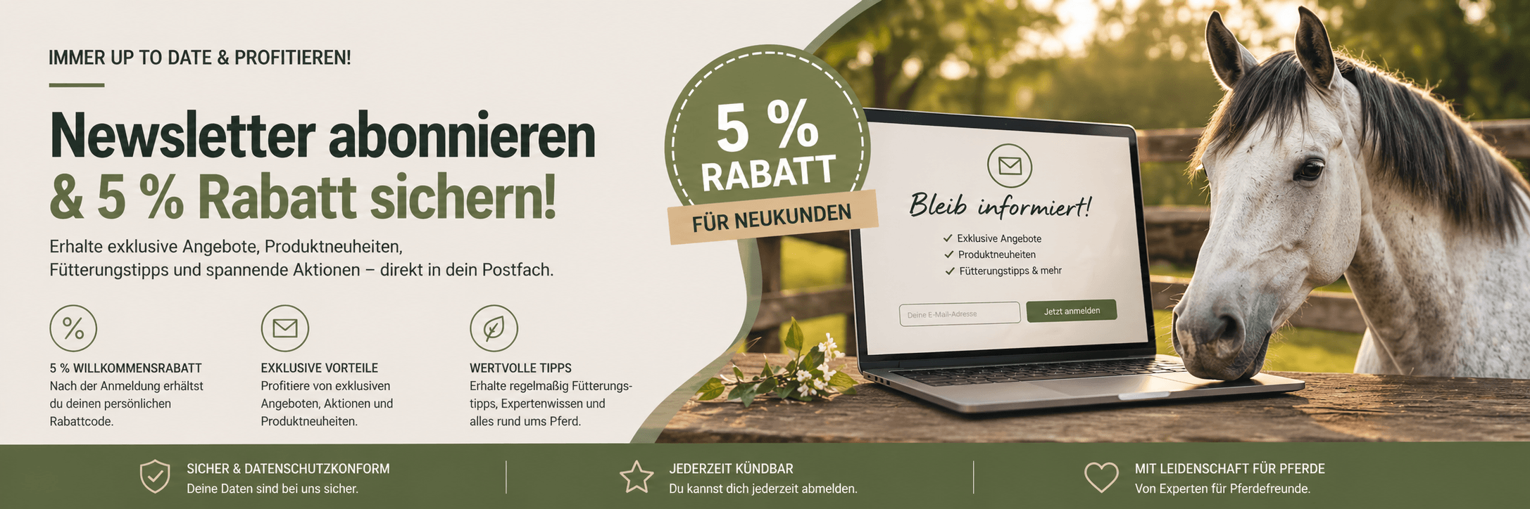 Newsletter Anmeldung für Pferdefuttershop – 5 Prozent Rabatt und exklusive Angebote rund ums Pferd