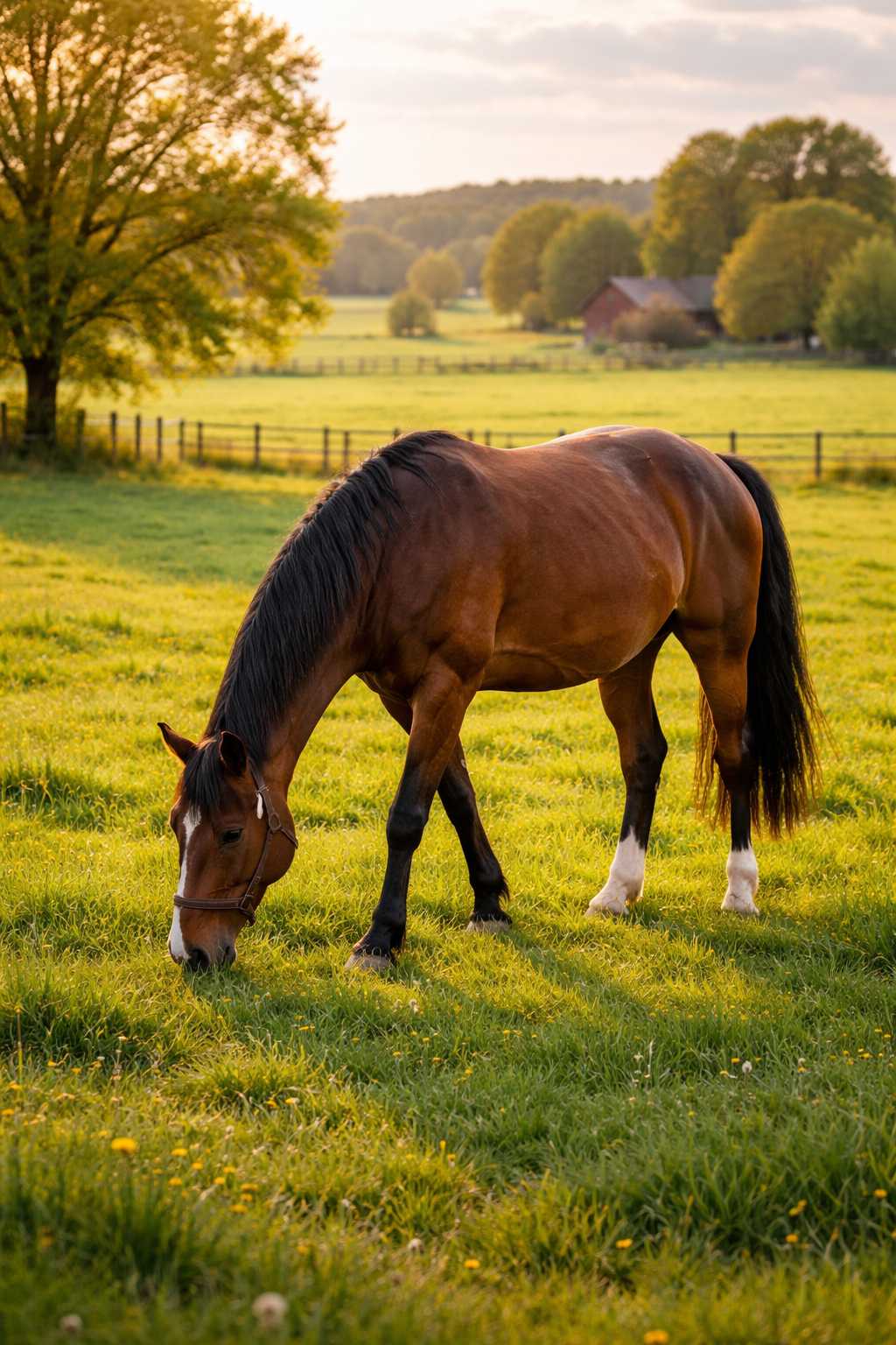Braunes Pferd frisst Gras auf einer sonnigen Weide mit Bäumen und Bauernhof im Hintergrund