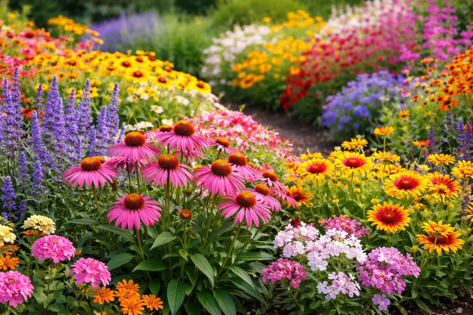Farbenfrohes Blumenbeet mit verschiedenen Stauden und Sommerblumen im Garten