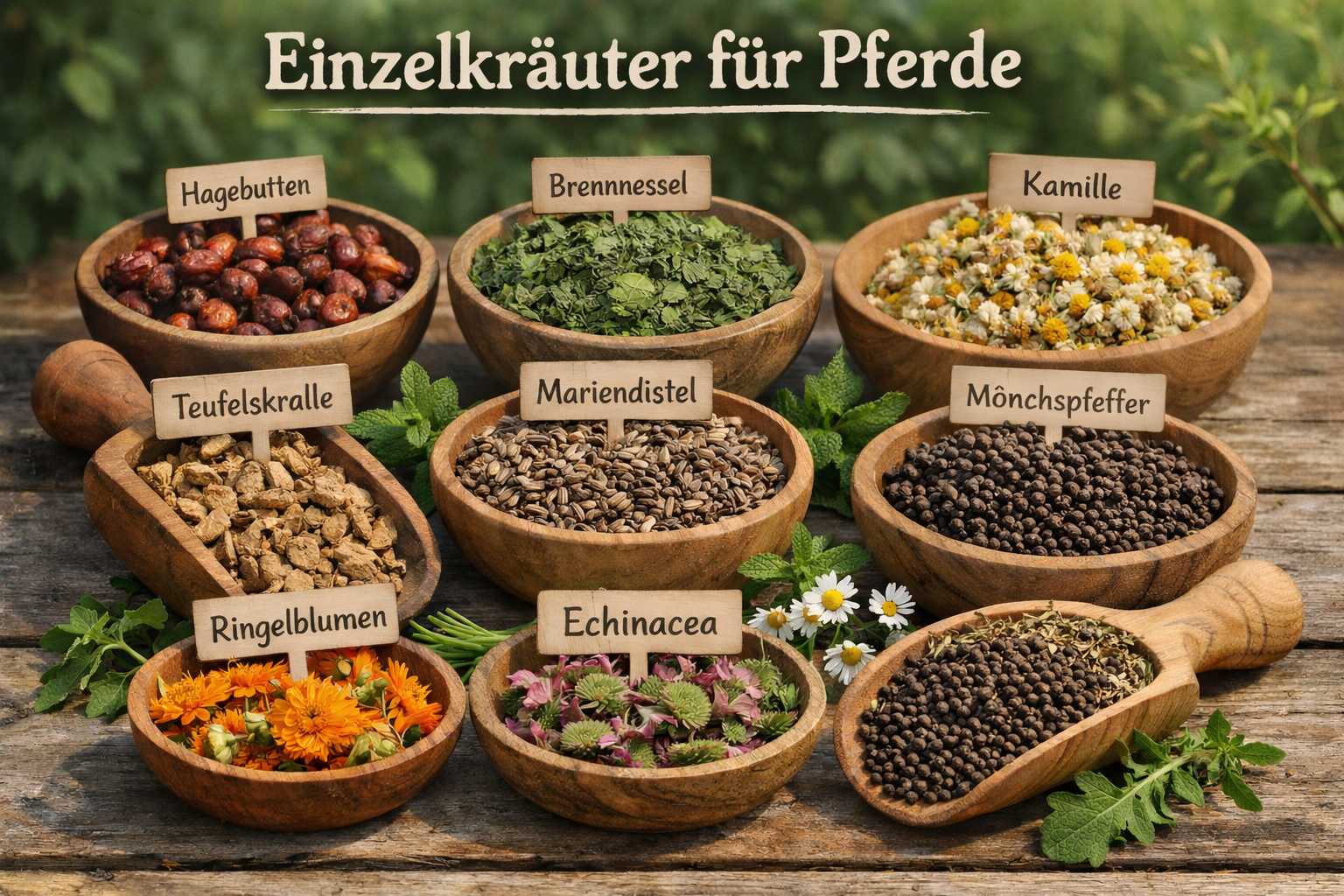 Verschiedene Einzelkräuter für Pferde wie Hagebutten, Brennnessel, Kamille, Teufelskralle, Mariendistel, Mönchspfeffer, Ringelblumen und Echinacea in Holzschalen