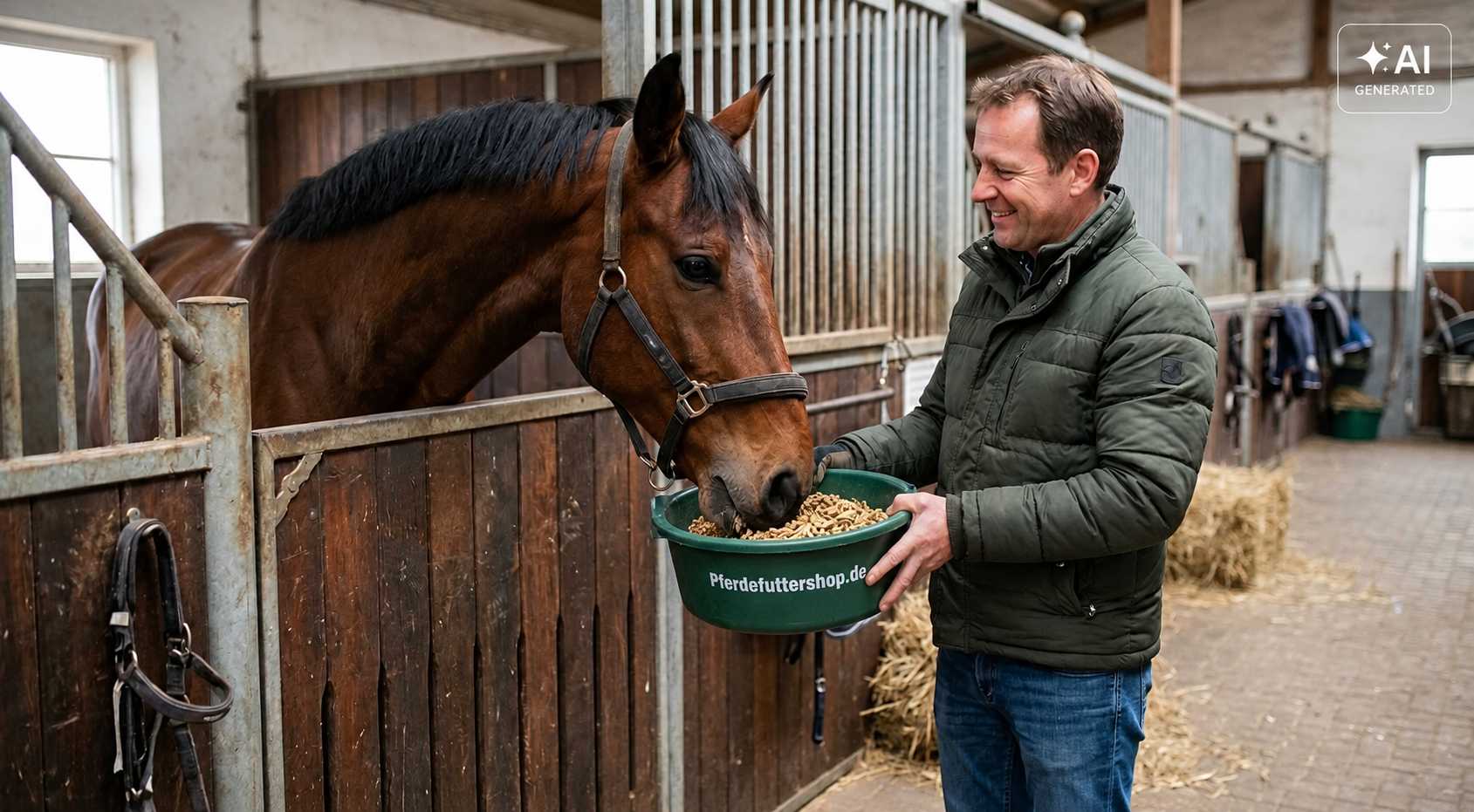 Mann füttert ein braunes Pferd an der Stallbox aus einer grünen Futterschüssel. Das Pferd frisst entspannt, während der Mann die Schüssel hält.