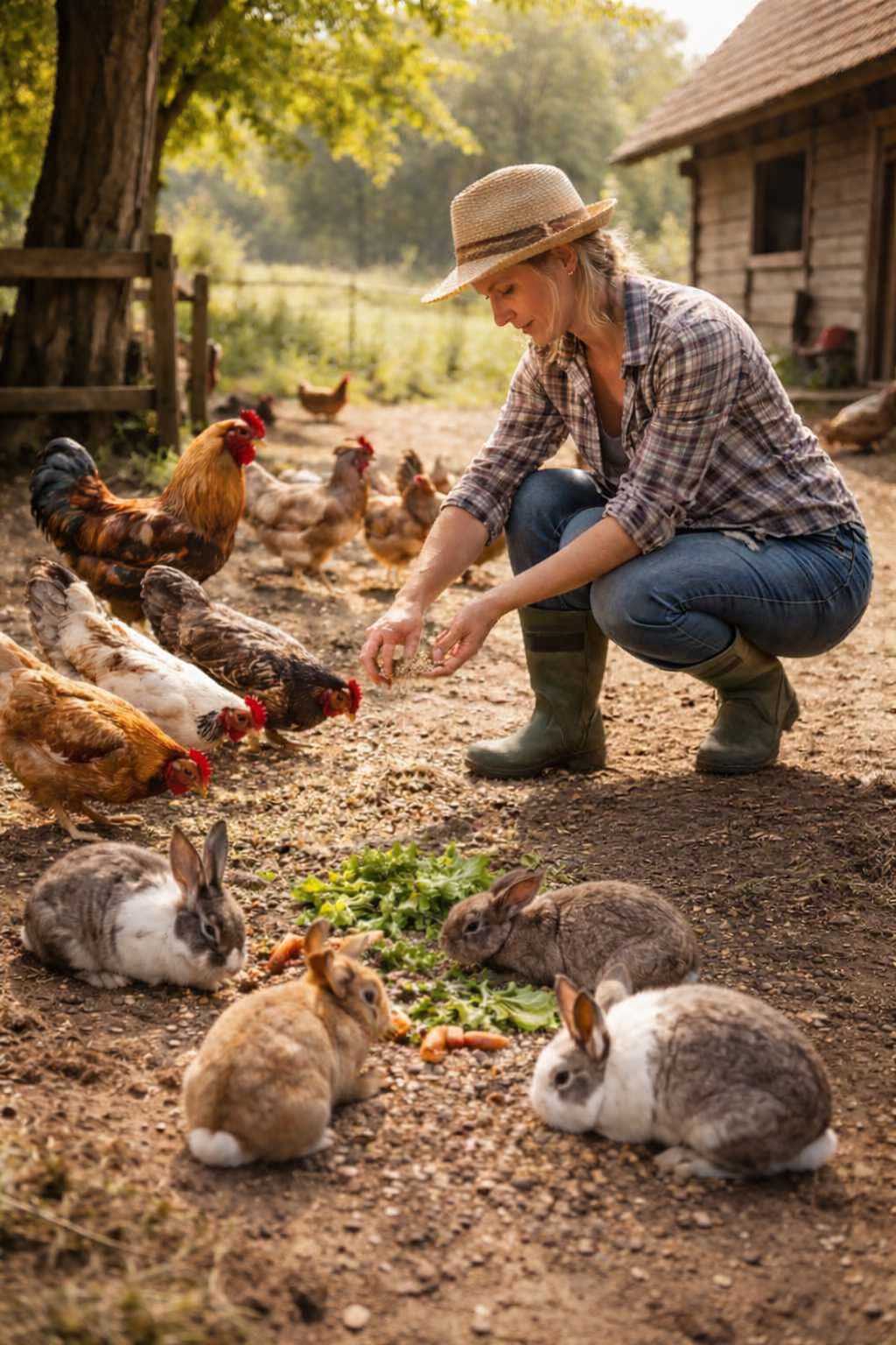 Frau füttert Hühner und Kaninchen mit frischem Futter auf einem Bauernhof im Freien