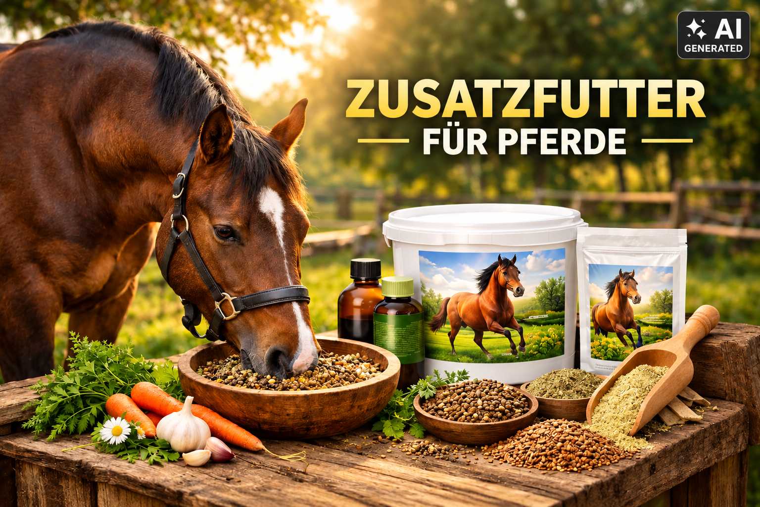 Braunes Pferd frisst aus einer Holzschüssel mit Pferdefutter. Daneben stehen verschiedene Zusatzfutterprodukte für Pferde, Futterschalen, Pellets, Kräuter und Karotten.