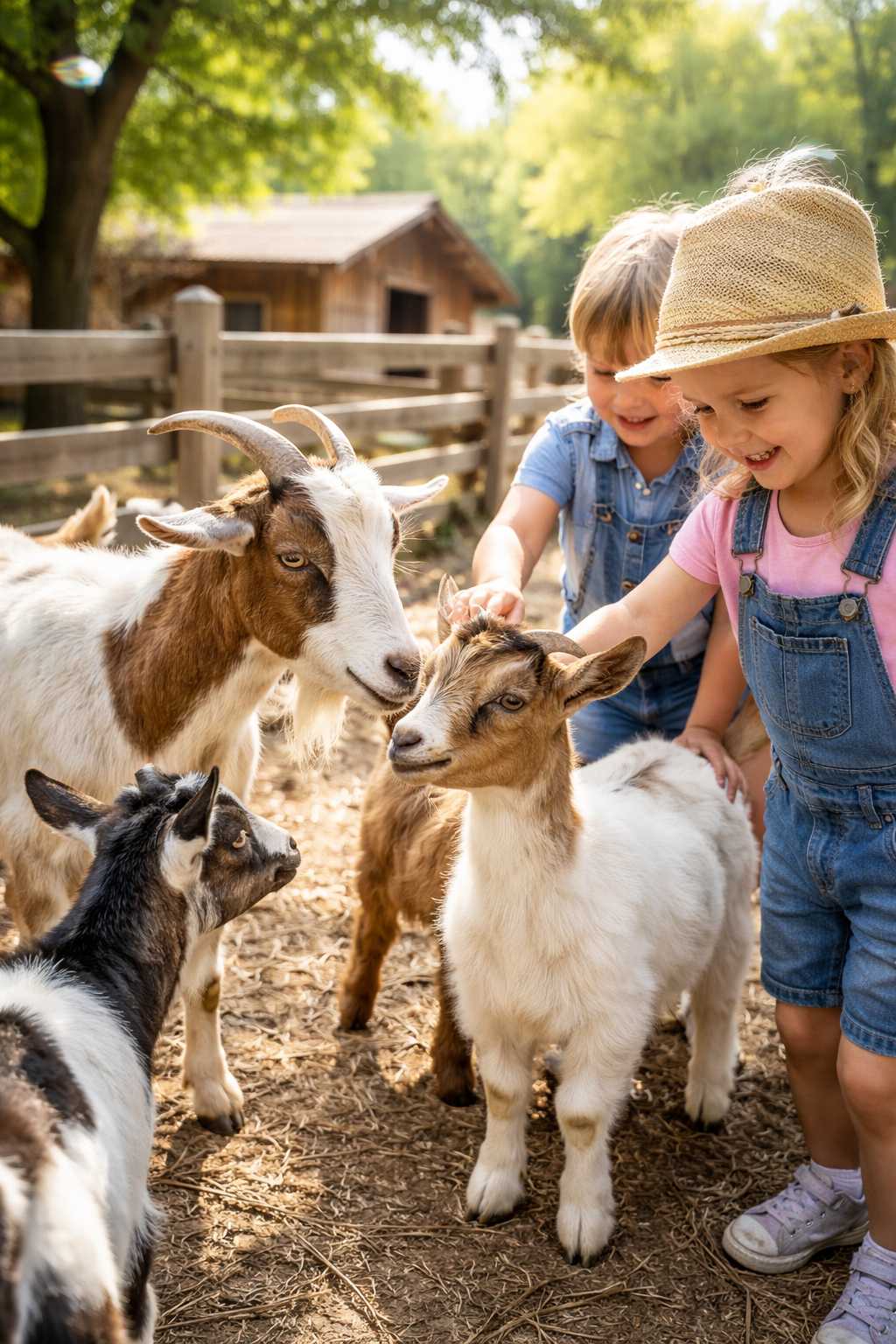 Zwei Kinder streicheln junge Ziegen auf einem Bauernhofgehege im sonnigen Freien