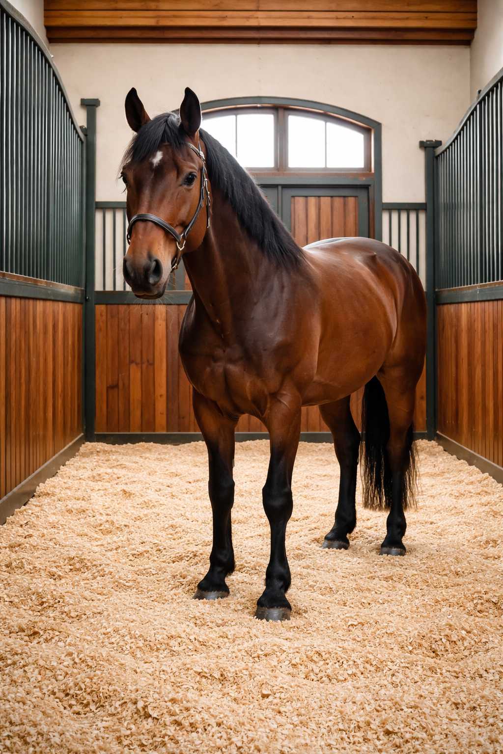 Braunes Pferd steht entspannt in einer sauberen Stallbox mit frischer Einstreu