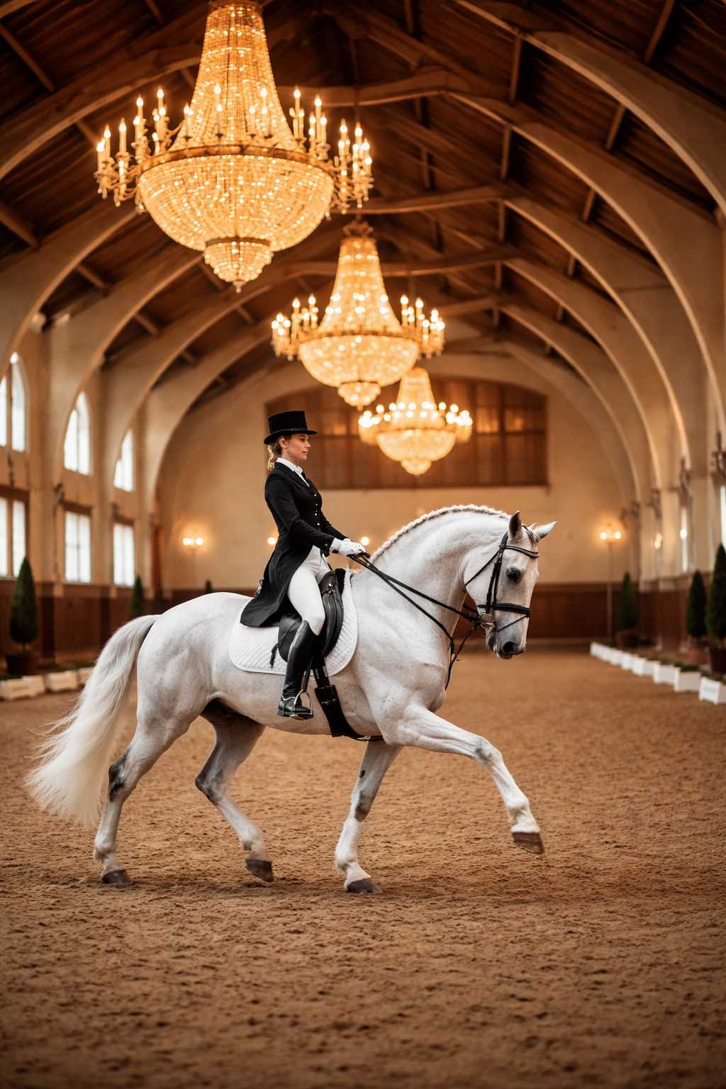 Reiterin in Turnierkleidung reitet ein weißes Pferd in einer großen Reithalle mit Kronleuchtern bei einer Dressurlektion