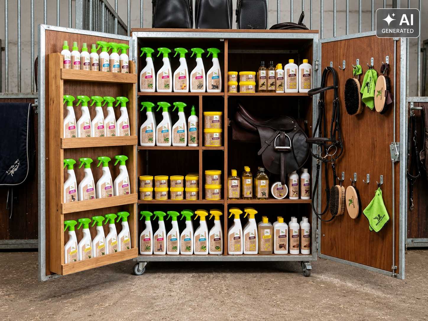 Geöffneter Sattelschrank im Pferdestall mit zahlreichen Pferdepflegeprodukten, Sprühflaschen, Pflegetiegeln, Bürsten, Lederzubehör und Reitausrüstung auf mehreren Regalböden.