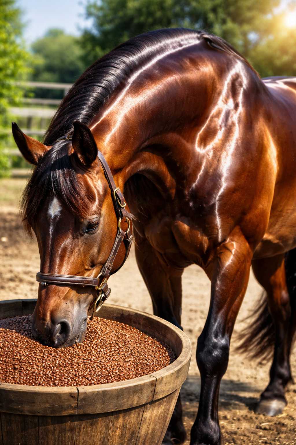 Braunes Pferd frisst Leinsamen aus einer Holzschüssel als natürliche Ergänzung im Pferdefutter