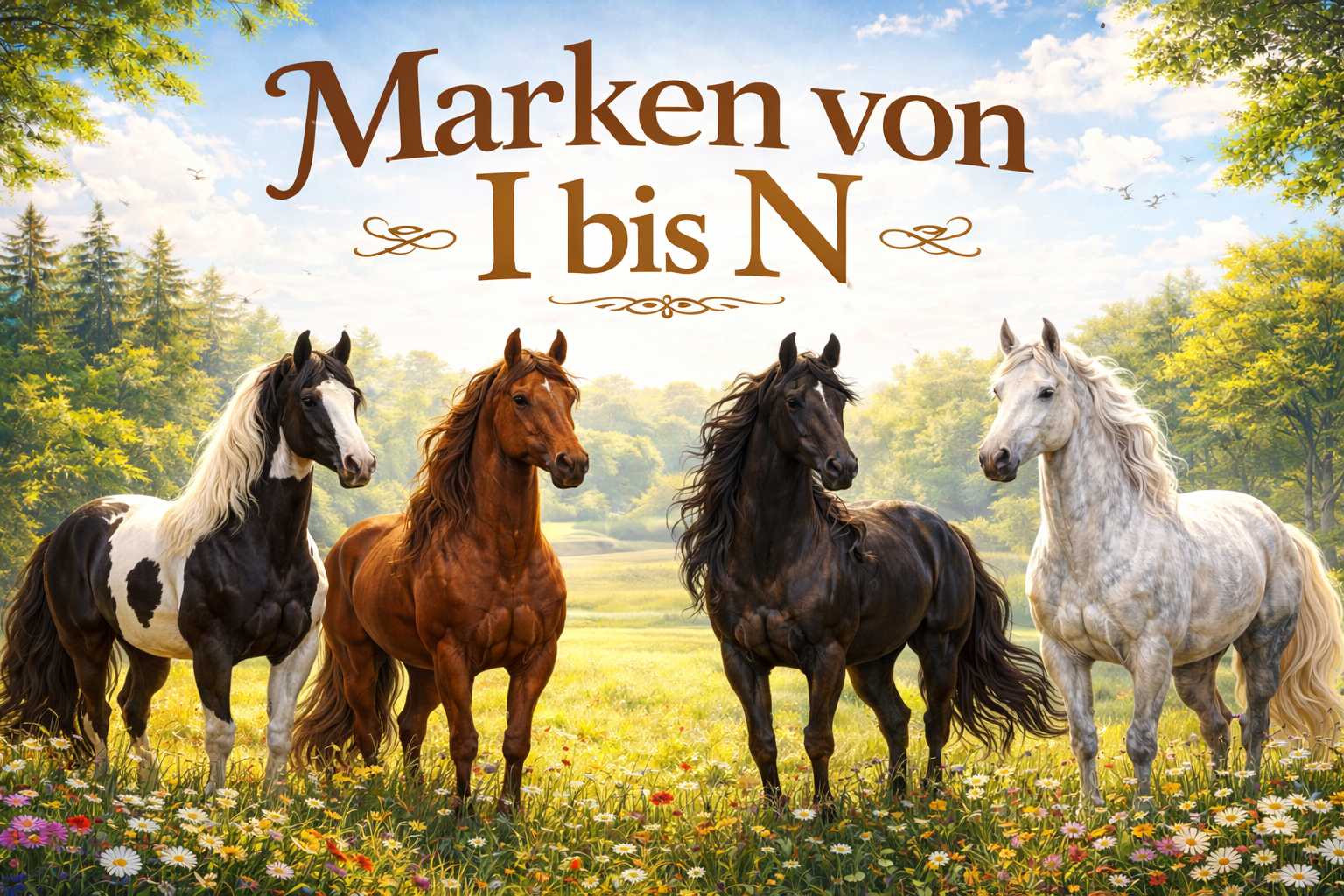 Vier Pferde auf einer Wiese vor Naturkulisse mit Schriftzug Marken von I bis N