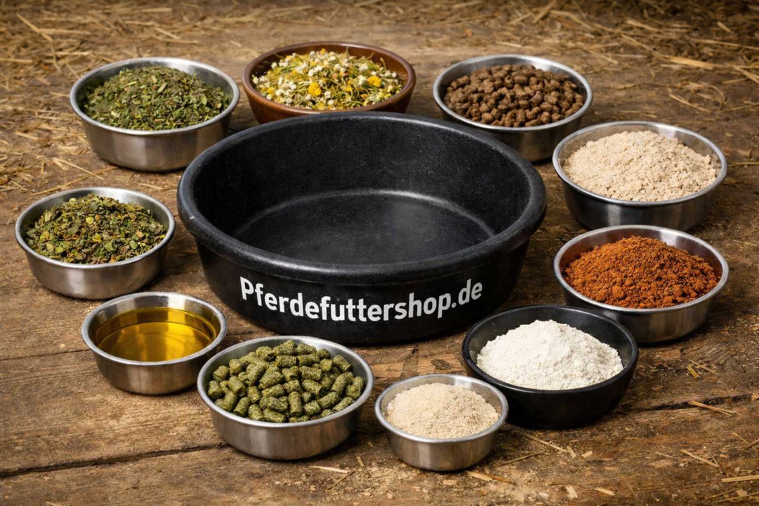 Verschiedene Zutaten und Ergänzungsstoffe für Pferdefutter in Schalen rund um einen Futtertrog