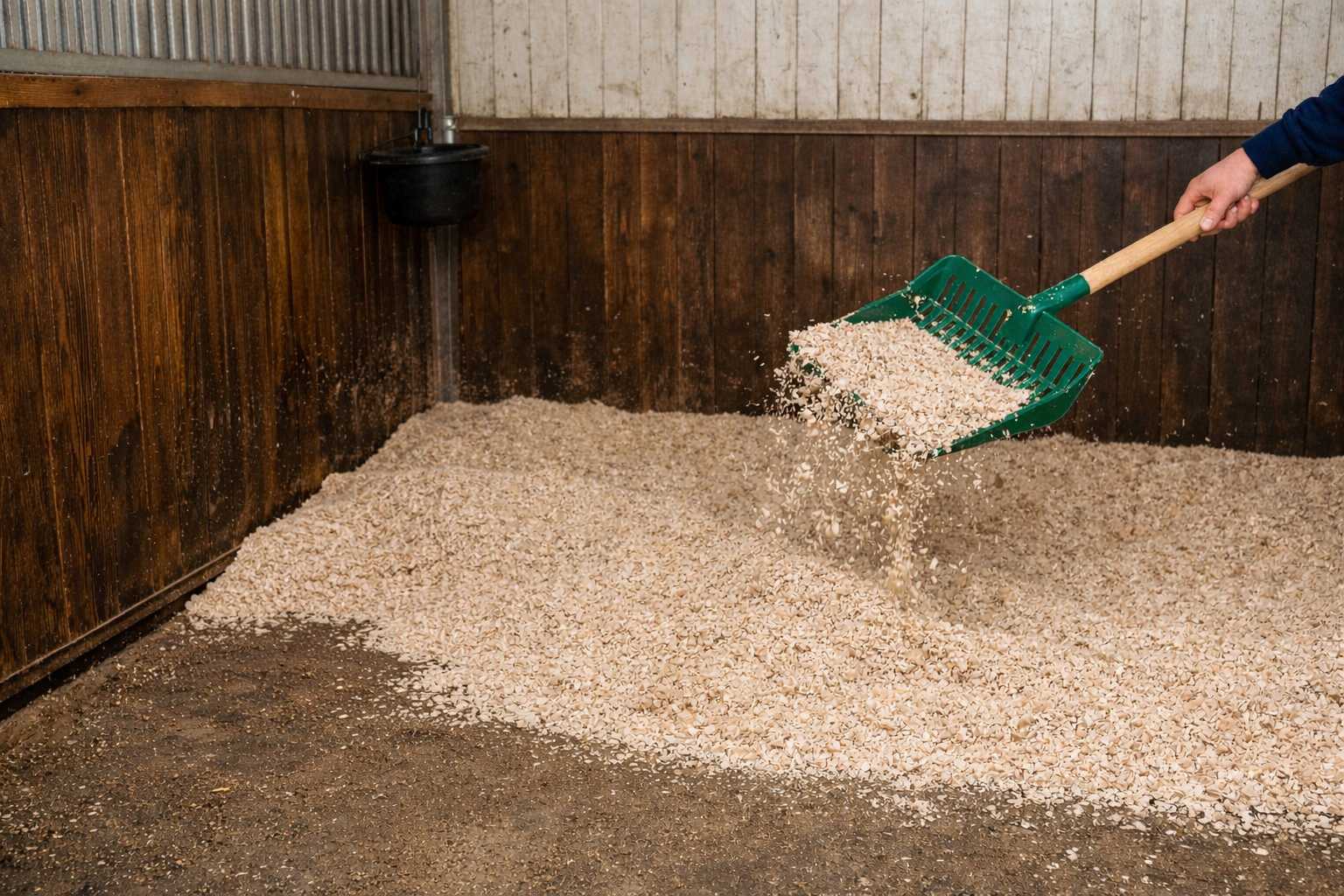 Person verteilt frische Einstreu mit einer Schaufel im Pferdestall, Holzspäne werden auf dem Boden ausgebracht