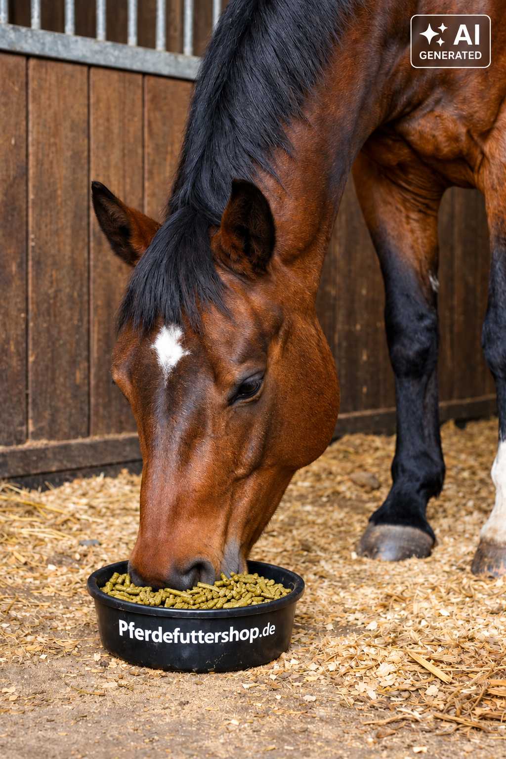 Braunes Pferd mit schwarzer Mähne und weißer Blesse frisst Pferdefutter aus einem schwarzen Futtertrog mit der Aufschrift „Pferdefuttershop.de“ in einer Stallbox