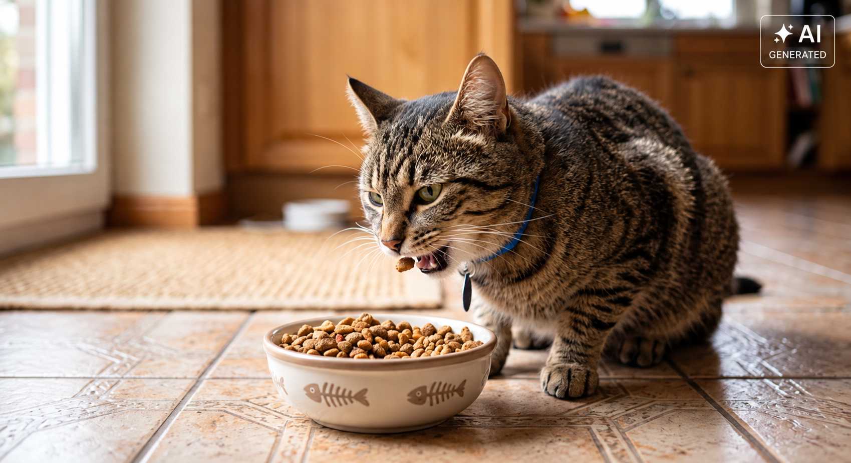 Getigerte Katze frisst Trockenfutter aus einem Futternapf in der Küche