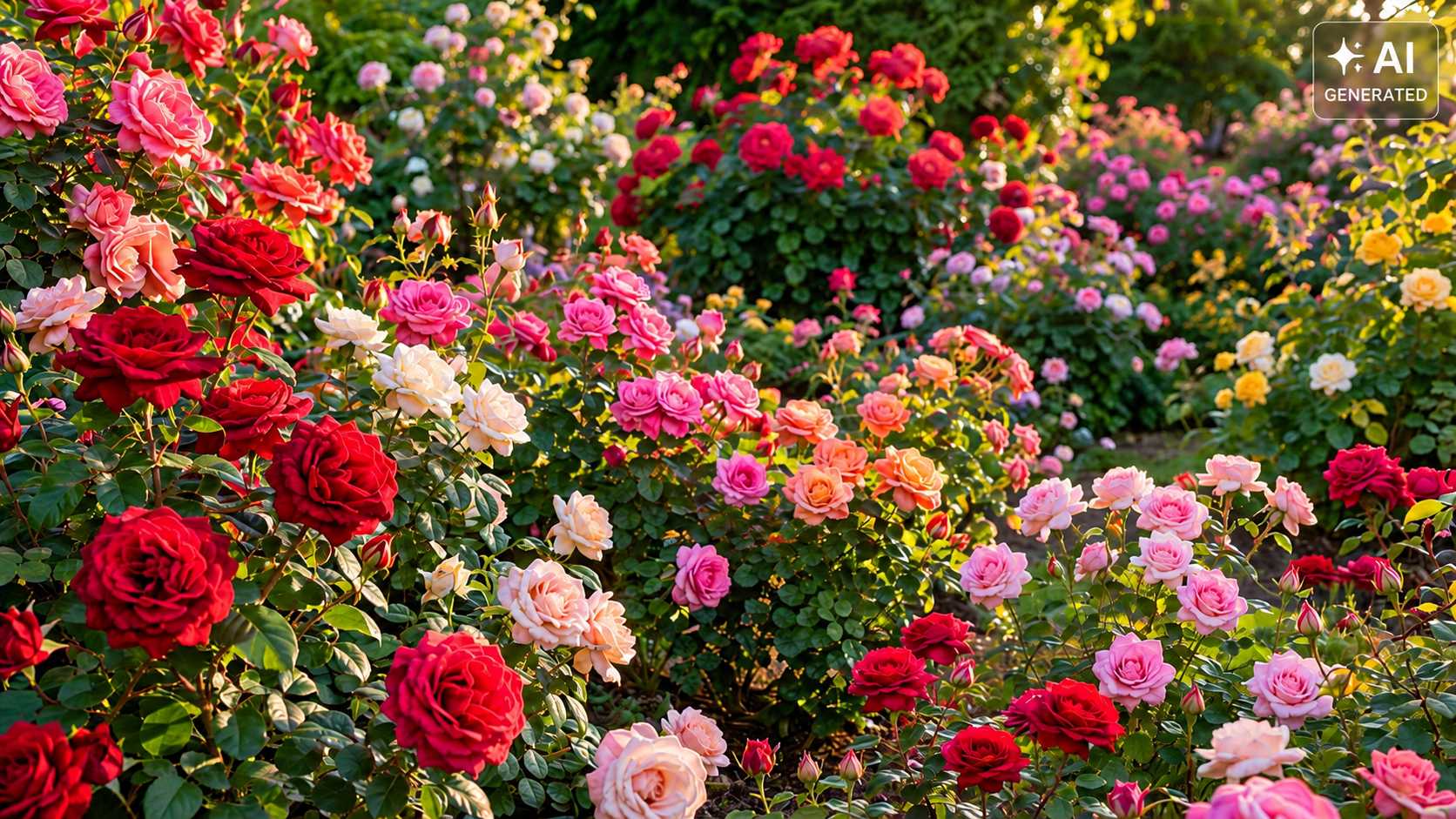 Üppig blühender Rosengarten mit roten, rosa, apricotfarbenen und weißen Rosen