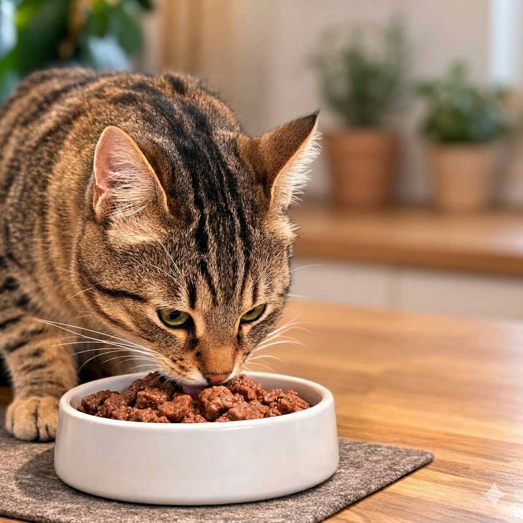 Getigerte Katze frisst Nassfutter aus einem Napf auf einem Holztisch in einer wohnlichen Umgebung
