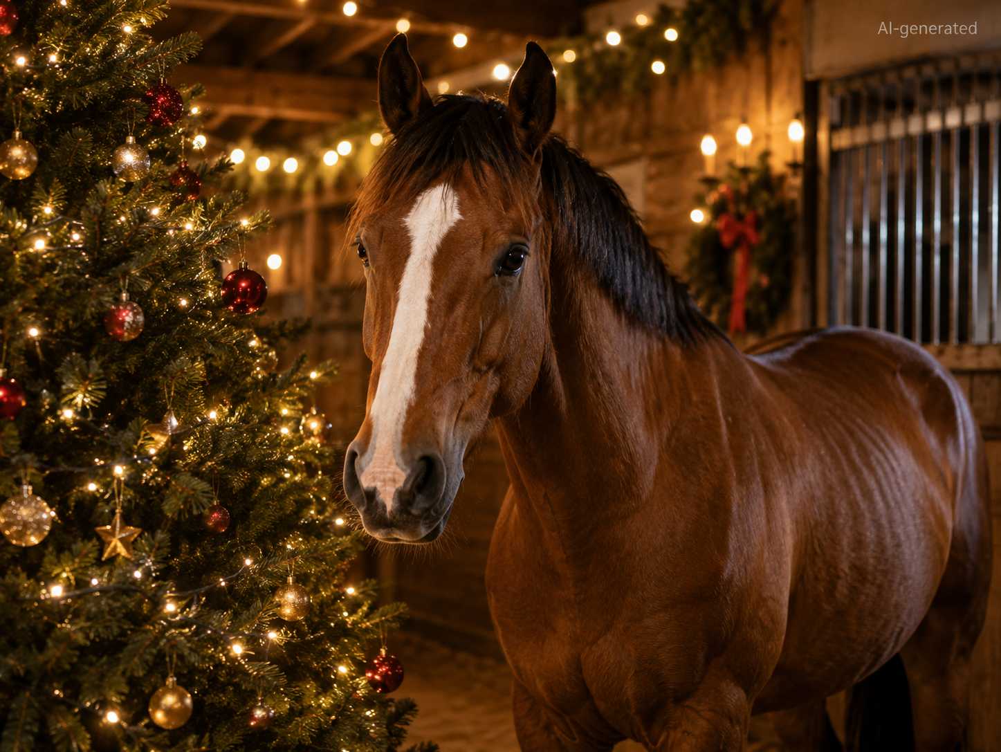 Braunes Pferd steht in einem festlich beleuchteten Stall neben einem geschmückten Weihnachtsbaum.