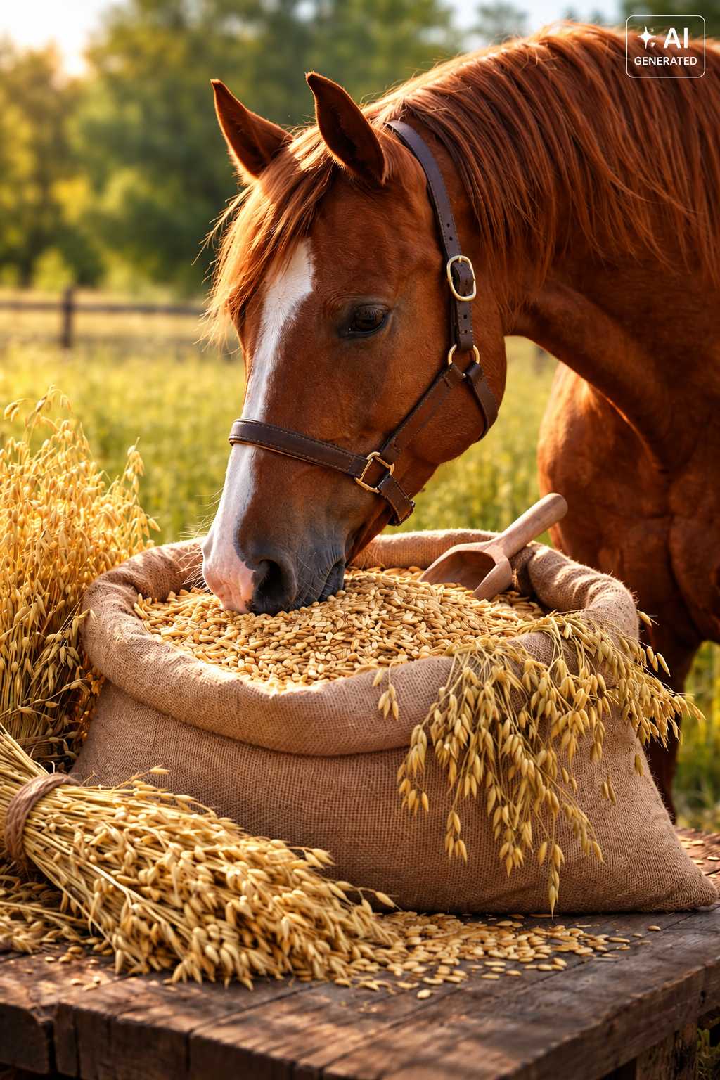 Braunes Pferd mit Halfter frisst Hafer aus einem Jutesack auf einem Holztisch. Daneben liegen goldgelbe Haferähren und lose Haferkörner.