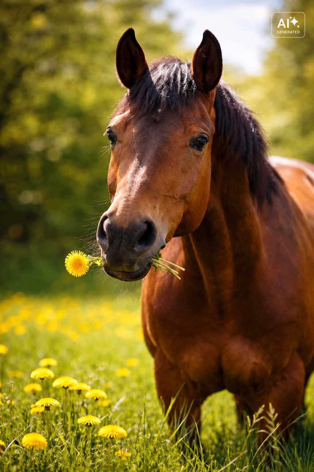 Braunes Pferd mit schwarzer Mähne steht auf einer grünen Wiese und hält eine gelbe Löwenzahnblüte im Maul. Im Hintergrund blühen weitere Löwenzahnblumen.