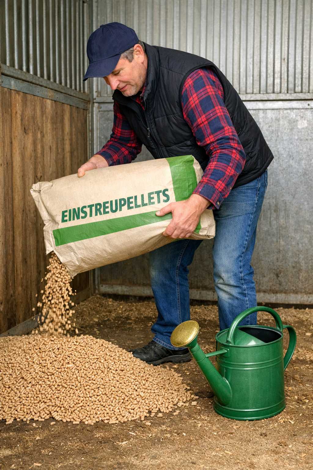 Landwirt verteilt Einstreupellets aus einem Sack in einer Pferdebox im Stall