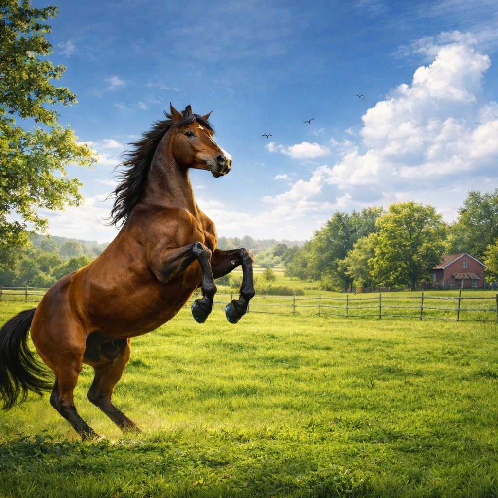Ein Pferd richtet sich auf den Hinterbeinen auf einer grünen Wiese vor ländlicher Landschaft auf
