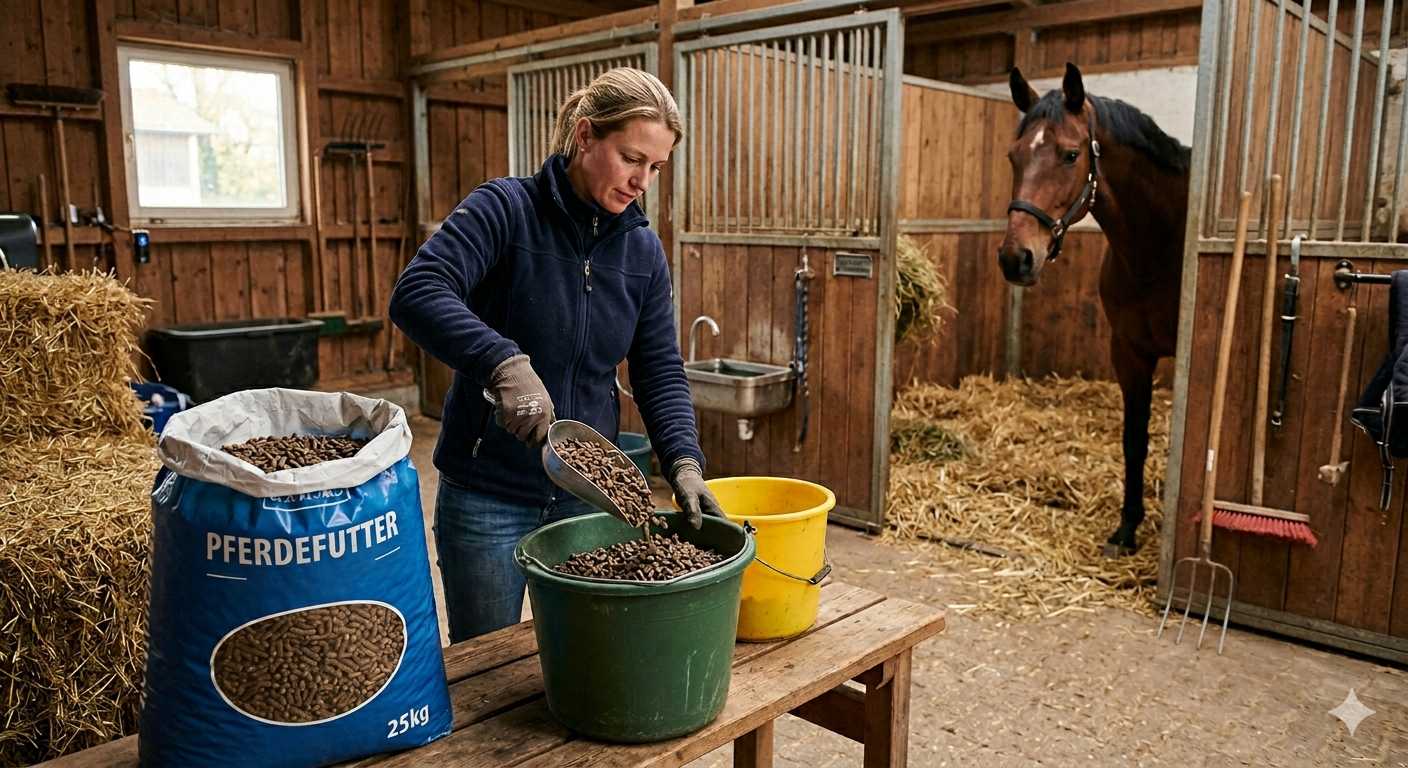 Frau misst Pferdefutter aus einem Sack ab und füllt es in einen Eimer im Pferdestall, während ein Pferd in der Box steht