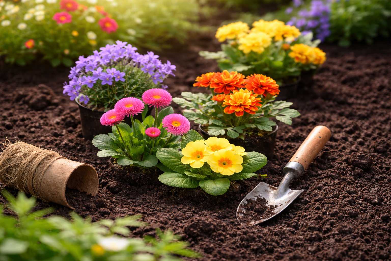 Bunte Blumenpflanzen werden in lockere Gartenerde gesetzt, daneben eine Handschaufel
