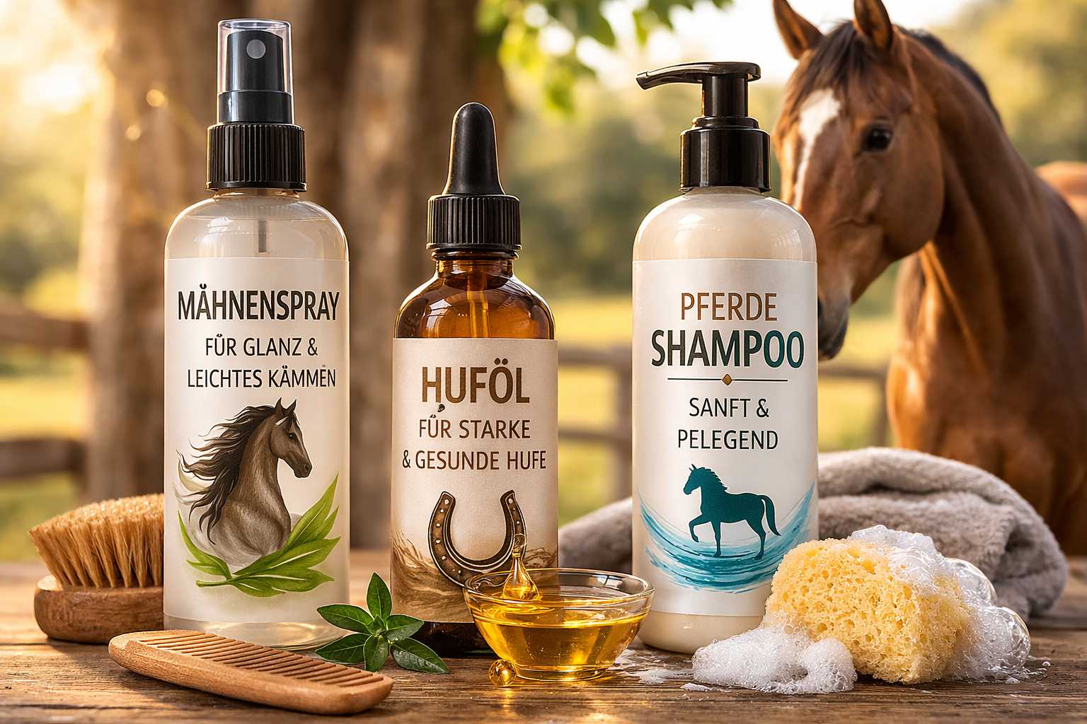 Pflegeprodukte für Pferde mit Mähnenspray, Huföl und sanftem Pferdeshampoo vor einem Pferd im Hintergrund