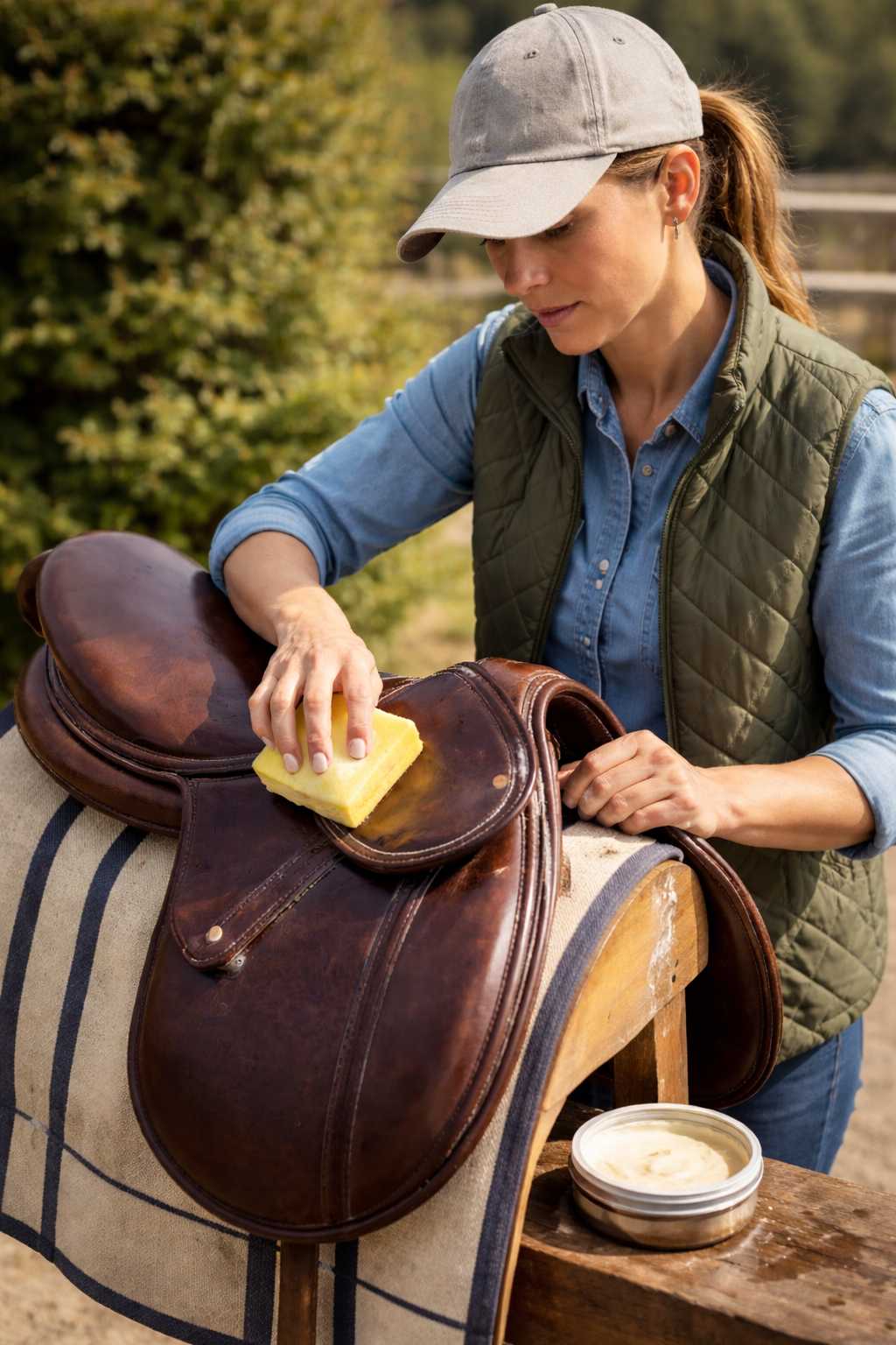 Frau reinigt einen Reitsattel mit Schwamm und Lederpflege im Freien