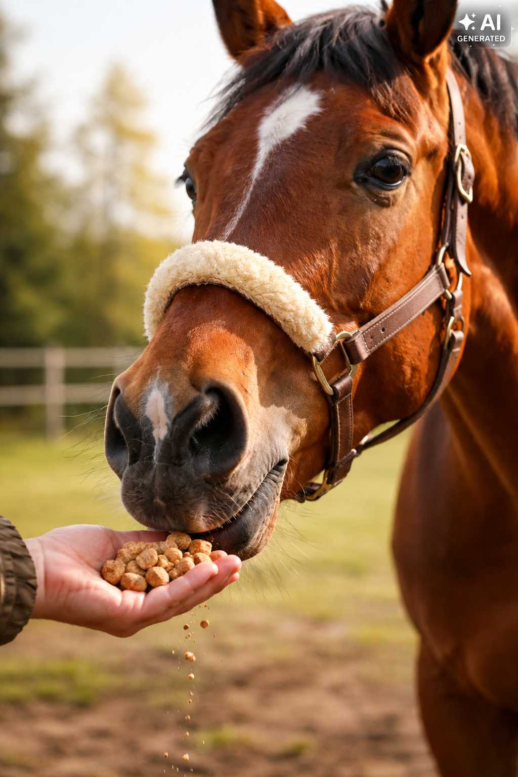 Braunes Pferd mit weißer Blesse und Halfter mit weichem Nasenpolster frisst Pferdeleckerlis aus der Hand einer Person.