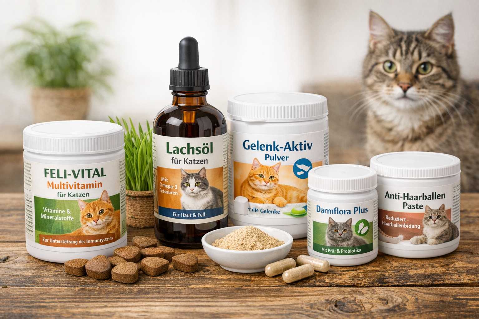 Mehrere Nahrungsergänzungsmittel für Katzen auf einem Tisch: Multivitamin, Lachsöl, Gelenkpulver, Darmflora-Probiotika und Anti-Haarballen Paste