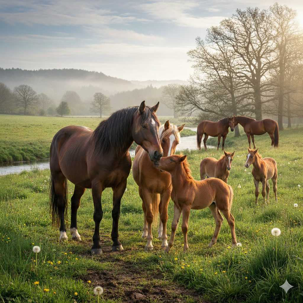 Mehrere Pferde stehen mit ihren Fohlen auf einer grünen Wiese neben einem kleinen Bach, im Hintergrund sind Bäume im Morgenlicht und weitere Pferde zu sehen.