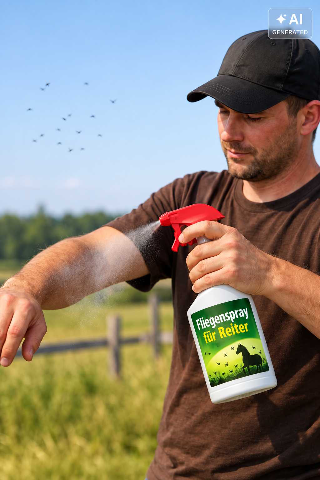 Mann mit schwarzer Kappe sprüht Fliegenspray für Reiter auf seinen Unterarm. Im Hintergrund sind eine grüne Weide und fliegende Insekten zu sehen.