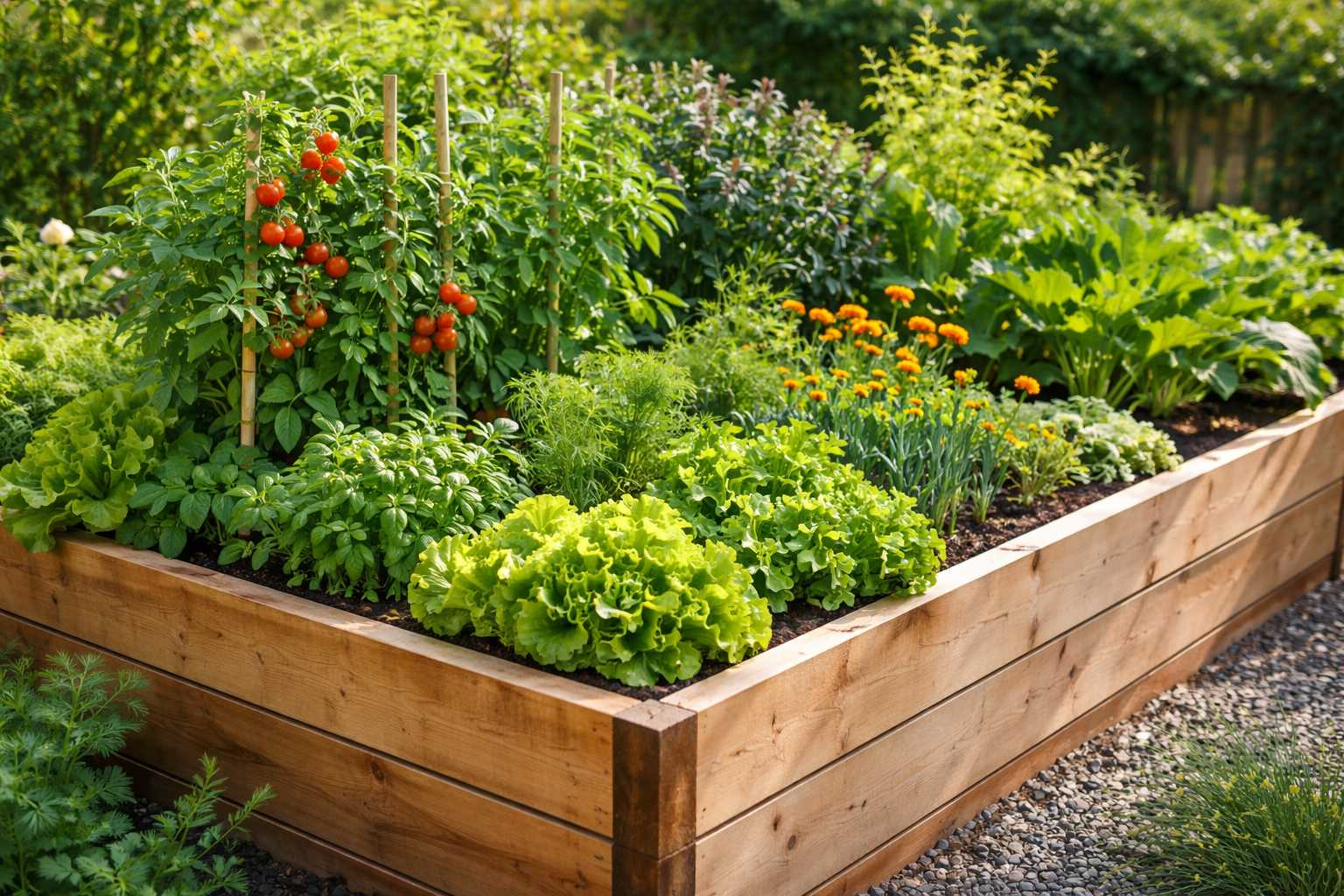 Hochbeet mit Salat, Tomaten, Kräutern und Gemüsepflanzen im Garten