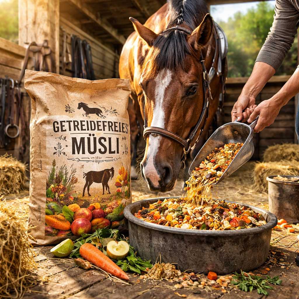 Ein Pferd wird im Stall mit getreidefreiem Müsli gefüttert, während eine Schaufel das Futter in einen Trog gibt, daneben ein Futtersack mit natürlichen Zutaten.