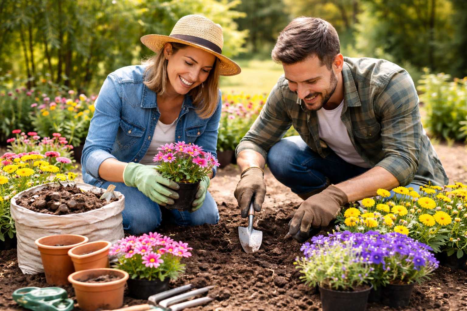 Paar pflanzt bunte Blumen in ein Gartenbeet mit Handschaufel und Erde