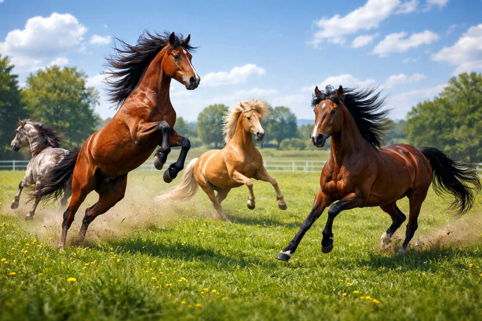 Mehrere Pferde laufen und spielen dynamisch auf einer grünen Wiese, eines steigt auf die Hinterbeine während die anderen galoppieren