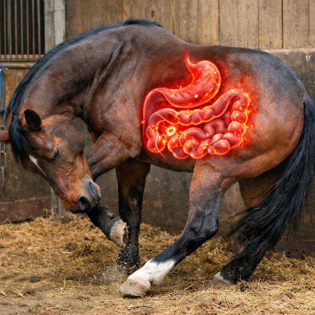 Pferd im Stall mit unruhigem Verhalten; der Verdauungstrakt ist grafisch hervorgehoben, um eine Kolik bzw. Darmprobleme zu veranschaulichen.