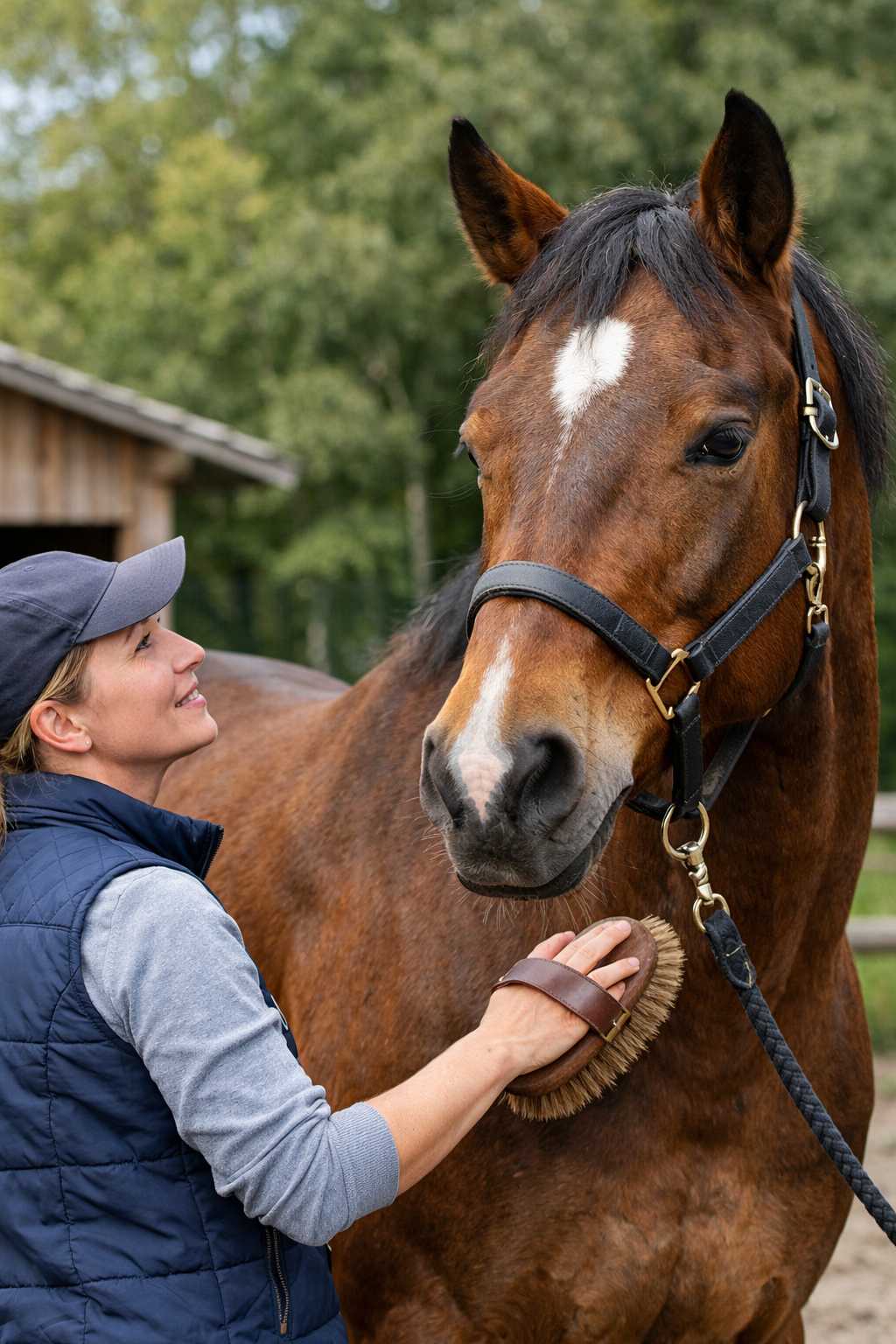 Frau bürstet braunes Pferd mit Halfter auf einem Hof im Grünen