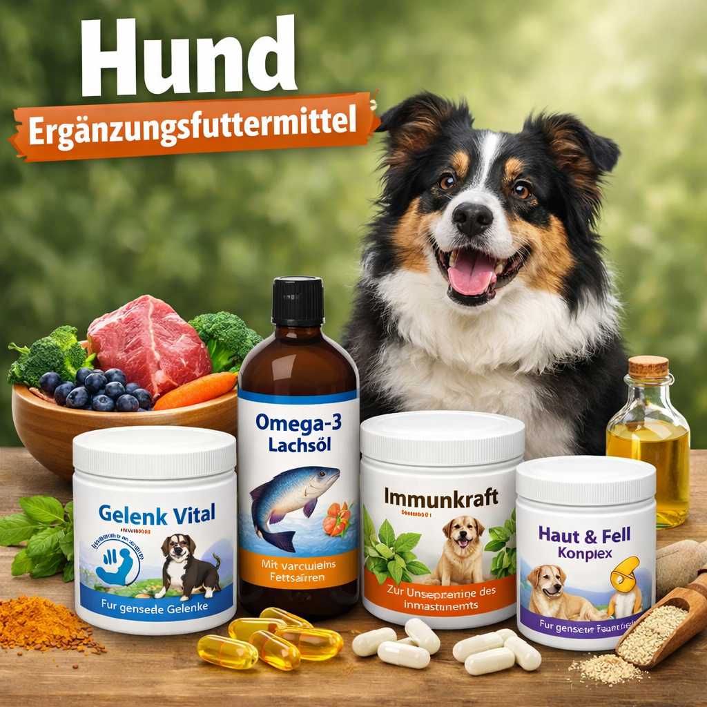 Hund sitzt hinter verschiedenen Ergänzungsfuttermitteln für Hunde wie Omega-3 Lachsöl, Gelenk Vital, Immunkraft sowie Haut und Fell Komplex