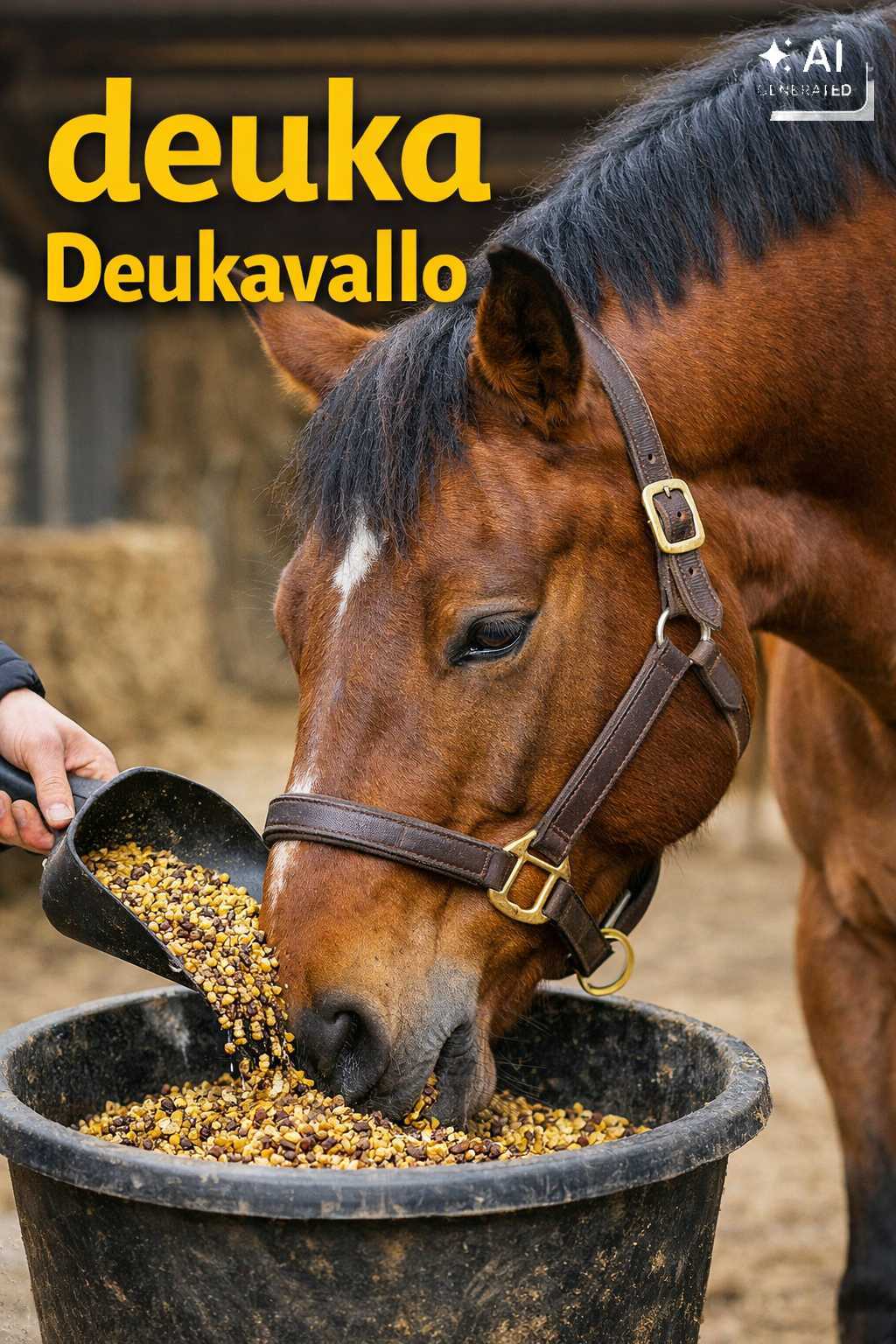 Braunes Pferd mit schwarzer Mähne frisst Pferdefutter aus einem schwarzen Futtertrog. Eine Person schüttet weiteres Futter mit einer Schaufel hinzu. Links steht der Schriftzug „deuka Deukavallo“.