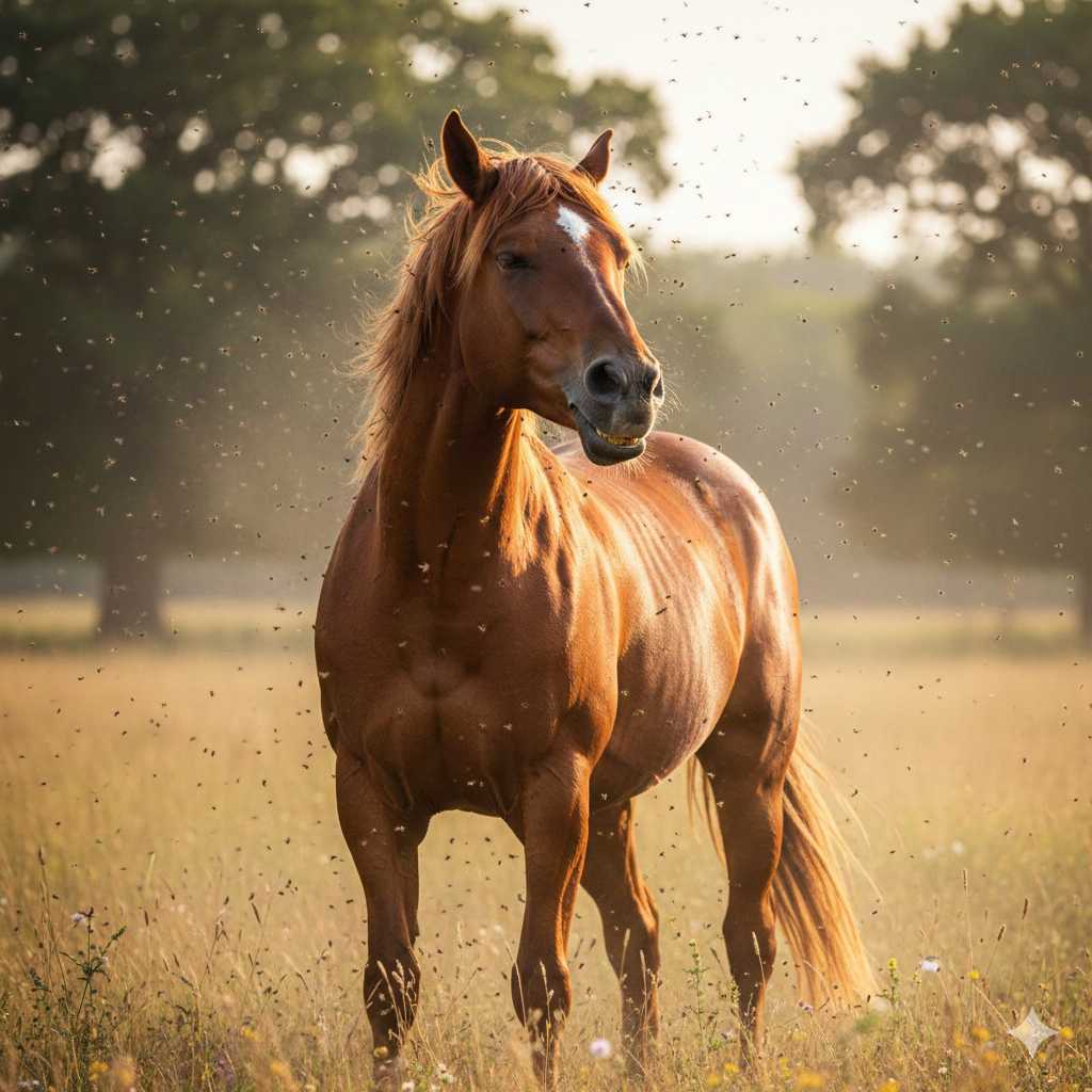 Braunes Pferd steht im Sommer auf einer Wiese und wird von zahlreichen Fliegen und Insekten umschwärmt
