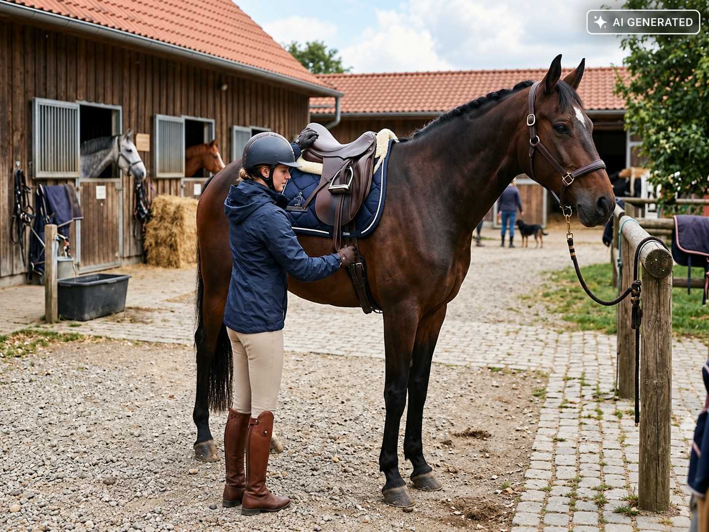 Reiterin mit Helm befestigt den Sattelgurt an einem dunkelbraunen Pferd am Anbindeplatz eines Reiterhofs. Im Hintergrund sind Stallgebäude und weitere Pferde zu sehen.