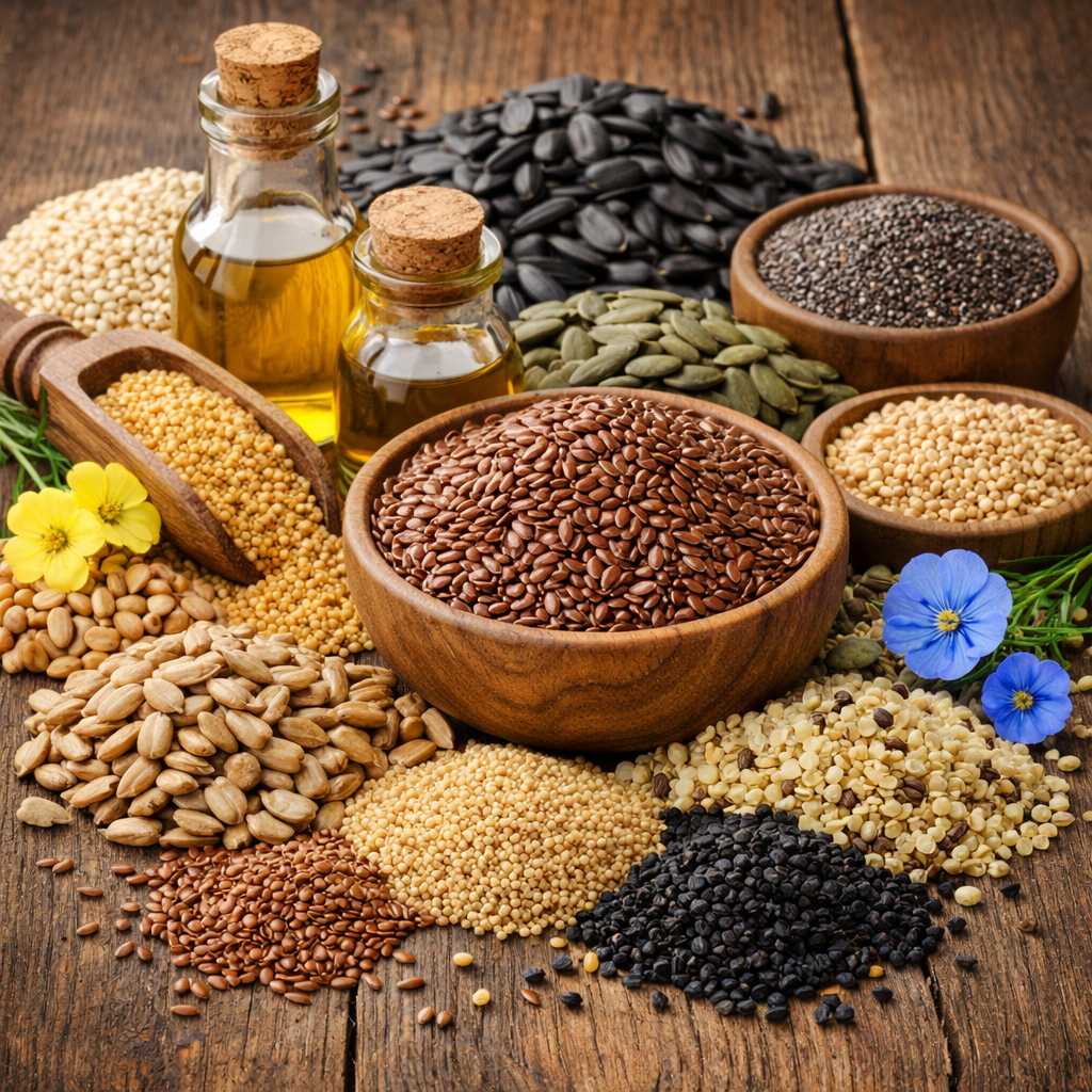 Verschiedene Ölsaaten und Samen wie Leinsamen und Sonnenblumenkerne als natürliche Zutaten für Pferdefutter