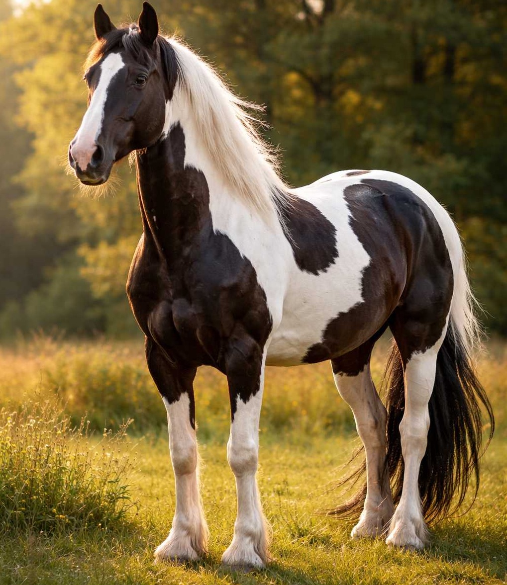 Schwarz-weiß geschecktes Pferd steht aufmerksam auf einer Wiese im warmen Abendlicht vor Bäumen