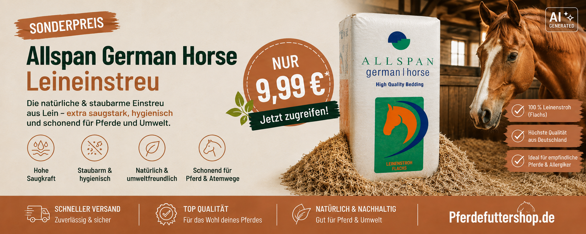 Allspan German Horse Leineinstreu aus Flachs – staubarme und saugstarke Pferdeeinstreu zum Sonderpreis von 9,99 Euro
