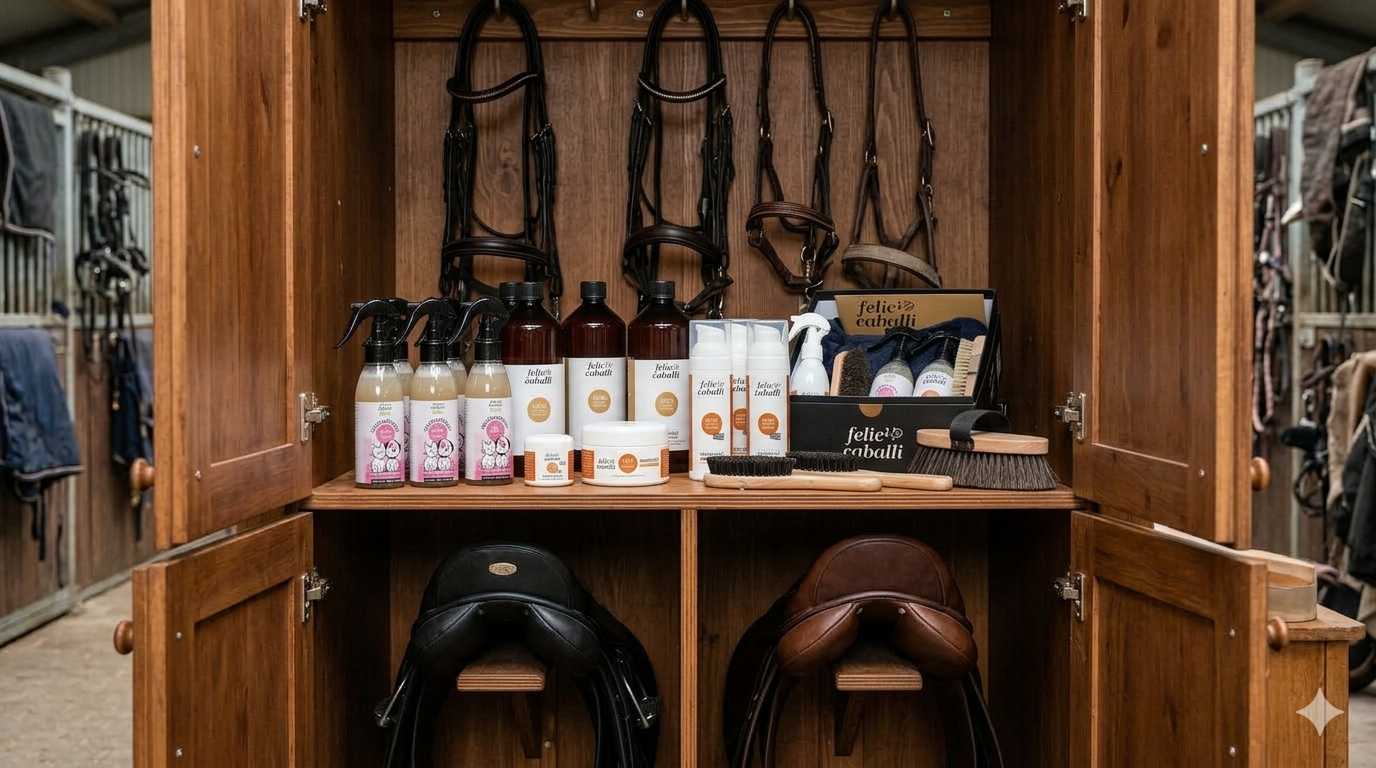 Offene Sattelkammer mit Sätteln, Trensen und Pferdepflege Produkten im Stall